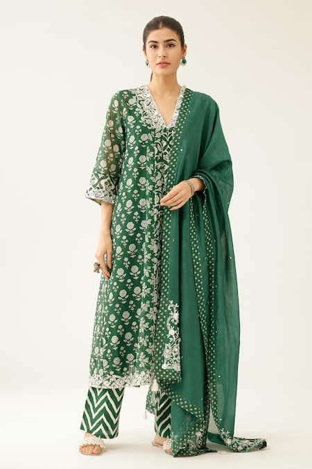 Buy Green Kurta Cotton Chanderi Hand Block Printed Garden Mughal And ...