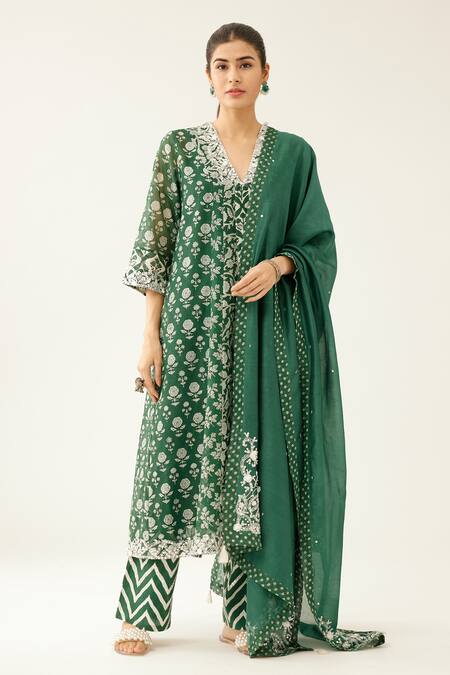 Buy Green Kurta Cotton Chanderi Hand Block Printed Garden Mughal And ...