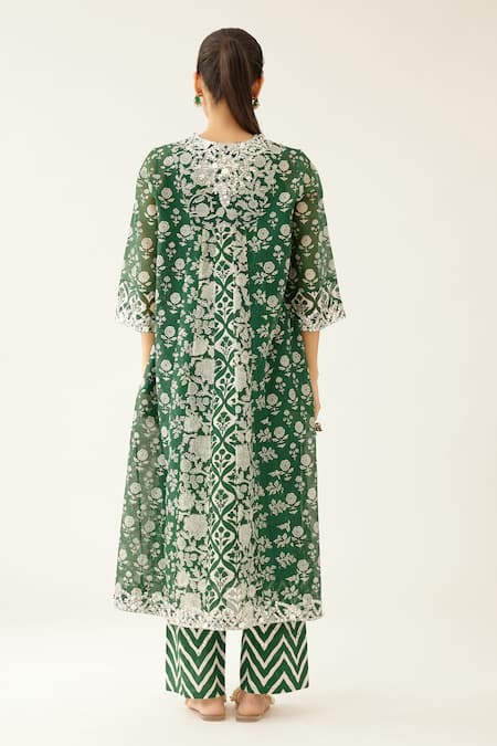 Shop Kora Green Cotton, Silk, Chanderi Tassels, Sequins, Mughal And Garden Print Kurta Set at Aza Fashions Shop_Kora_Green Cotton, Silk, Chanderi Tassels, Sequins, Mughal And Garden Print Kurta Set _at_Aza_Fashions