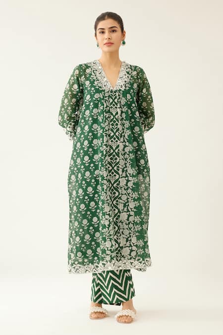 Kora Green Cotton, Silk, Chanderi Tassels, Sequins, Mughal And Garden Print Kurta Set Online at Aza Fashions Kora_Green Cotton, Silk, Chanderi Tassels, Sequins, Mughal And Garden Print Kurta Set _Online_at_Aza_Fashions