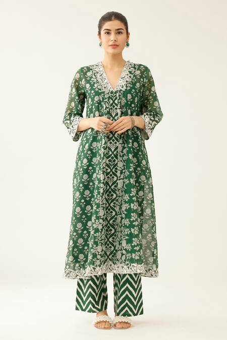 Buy Kora Green Cotton, Silk, Chanderi Tassels, Sequins, Mughal And Garden Print Kurta Set Online at Aza Fashions Buy_Kora_Green Cotton, Silk, Chanderi Tassels, Sequins, Mughal And Garden Print Kurta Set _Online_at_Aza_Fashions