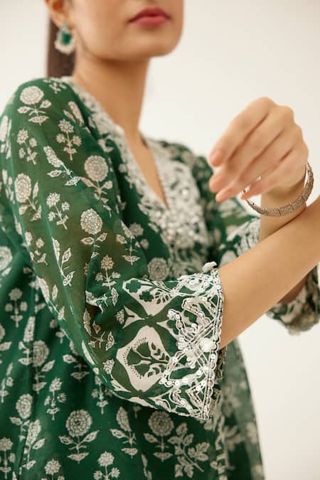 Kora Green Cotton, Silk, Chanderi Tassels, Sequins, Mughal And Garden Print Kurta Set at Aza Fashions Kora_Green Cotton, Silk, Chanderi Tassels, Sequins, Mughal And Garden Print Kurta Set _at_Aza_Fashions