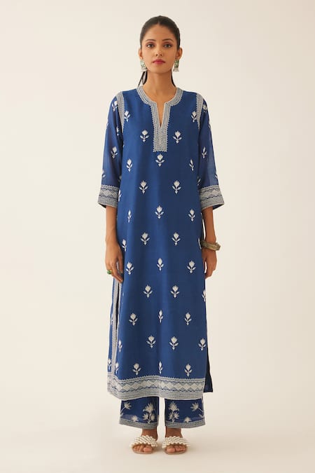 Kora_Blue Silk, Chanderi Embroidery, Tassels Split V-neck Kurta Set _Online_at_Aza_Fashions