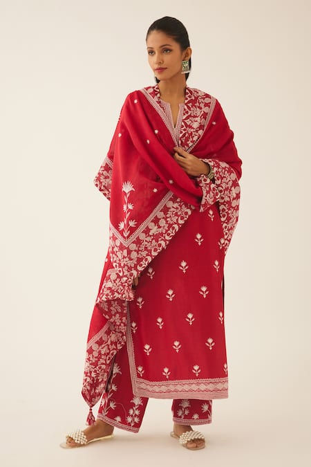 Kora Red Silk, Chanderi Embroidery Split V-neck Thread Kurta Set