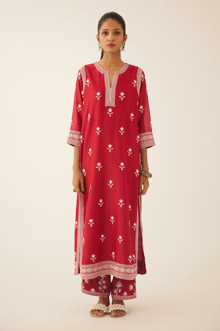 Kora Red Silk, Chanderi Embroidery Split V-neck Thread Kurta Set Online at Aza Fashions Kora_Red Silk, Chanderi Embroidery Split V-neck Thread Kurta Set _Online_at_Aza_Fashions