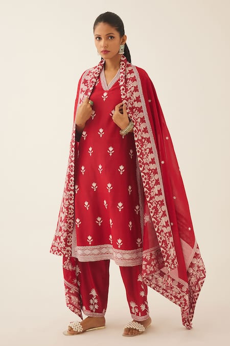 KORA Silk Chanderi Botanical Embroidered Kurta Set 