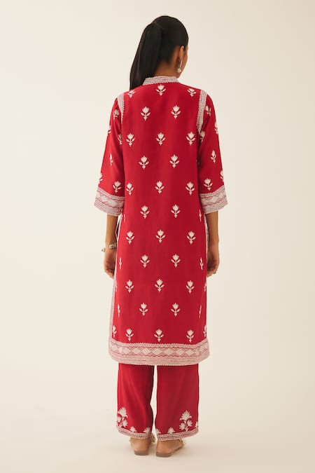 Shop Kora Red Silk, Chanderi Embroidery V-neck Botanical Kurta Set at Aza Fashions Shop_Kora_Red Silk, Chanderi Embroidery V-neck Botanical Kurta Set _at_Aza_Fashions