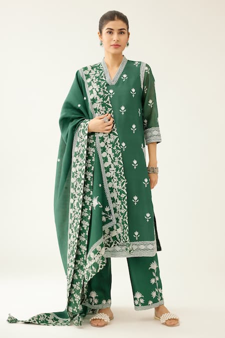 KORA Silk Chanderi Florette Embroidered Kurta Set 