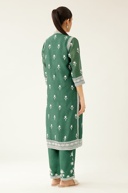 Shop Kora Green Silk, Chanderi Embroidery, Tassels V-neck Florette Kurta Set at Aza Fashions Shop_Kora_Green Silk, Chanderi Embroidery, Tassels V-neck Florette Kurta Set _at_Aza_Fashions