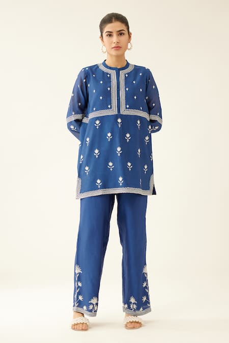 Kora Blue Silk, Chanderi Embroidery Round Neck Kurta And Pant Set