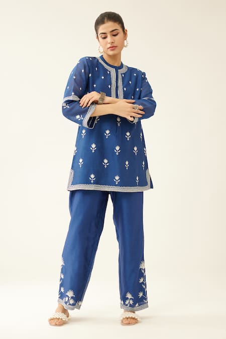 Kora Blue Silk, Chanderi Embroidery Round Neck Kurta And Pant Set Online at Aza Fashions Kora_Blue Silk, Chanderi Embroidery Round Neck Kurta And Pant Set _Online_at_Aza_Fashions