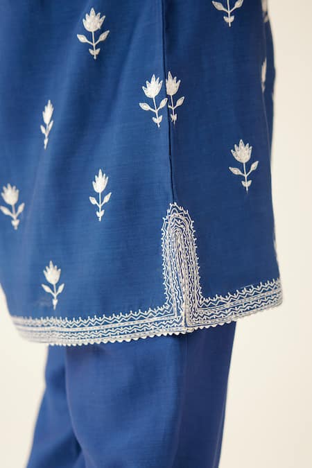 Kora Blue Silk, Chanderi Embroidery Round Neck Kurta And Pant Set at Aza Fashions Kora_Blue Silk, Chanderi Embroidery Round Neck Kurta And Pant Set _at_Aza_Fashions