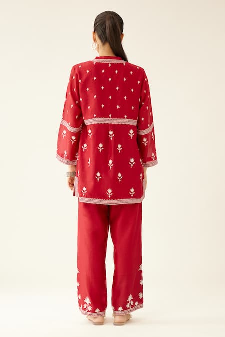 Shop Kora Red Silk, Chanderi Embroidery Round Neck Flower Kurta And Pant Set at Aza Fashions Shop_Kora_Red Silk, Chanderi Embroidery Round Neck Flower Kurta And Pant Set _at_Aza_Fashions