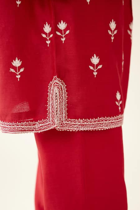 Shop Kora Red Silk, Chanderi Embroidery Round Neck Flower Kurta And Pant Set Online at Aza Fashions Shop_Kora_Red Silk, Chanderi Embroidery Round Neck Flower Kurta And Pant Set _Online_at_Aza_Fashions