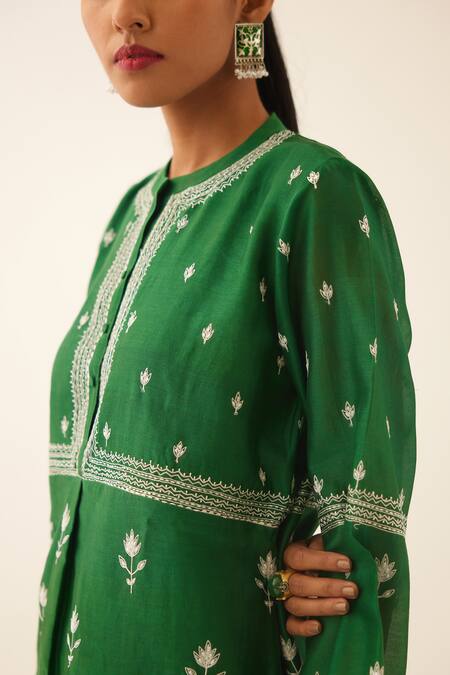 Buy Kora Green Silk, Chanderi Embroidery Round Neck Floral Kurta And Pant Set Online at Aza Fashions Buy_Kora_Green Silk, Chanderi Embroidery Round Neck Floral Kurta And Pant Set _Online_at_Aza_Fashions