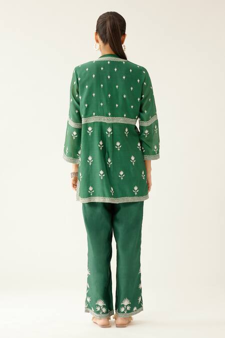 Shop Kora Green Silk, Chanderi Embroidery Round Neck Floral Kurta And Pant Set at Aza Fashions Shop_Kora_Green Silk, Chanderi Embroidery Round Neck Floral Kurta And Pant Set _at_Aza_Fashions