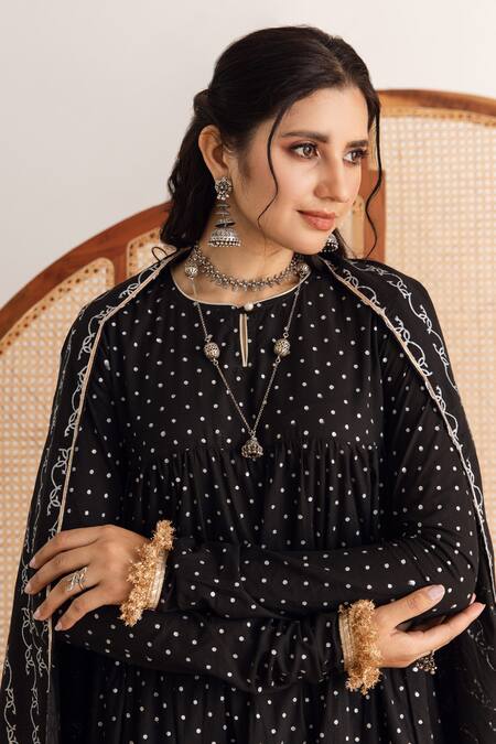 Maison Shefali Black Kurta And Pant Cotton Printed Block Round Tiered Set Online at Aza Fashions Maison Shefali_Black Kurta And Pant Cotton Printed Block Round Tiered Set _Online_at_Aza_Fashions