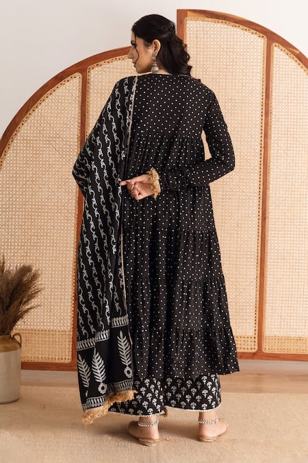 Shop Maison Shefali Black Kurta And Pant Cotton Printed Block Round Tiered Set at Aza Fashions Shop_Maison Shefali_Black Kurta And Pant Cotton Printed Block Round Tiered Set _at_Aza_Fashions
