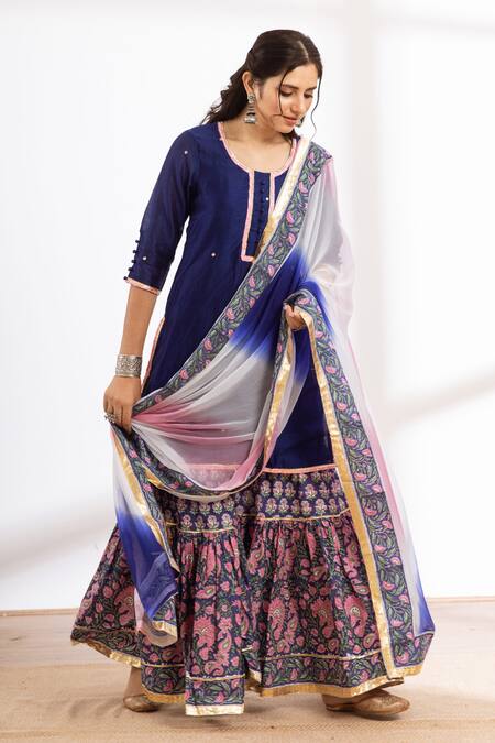 Maison Shefali_Blue Chanderi, Cotton, Chiffon Zari, Lace, Embroidery Round Kurta Sharara Set_Online_at_Aza_Fashions