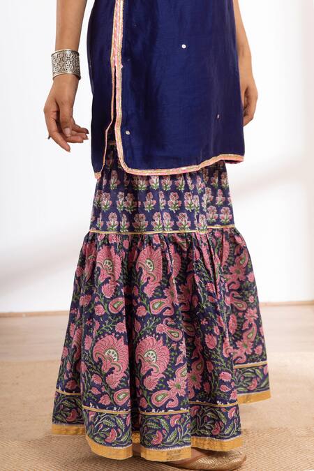 Buy_Maison Shefali_Blue Chanderi, Cotton, Chiffon Zari, Lace, Embroidery Round Kurta Sharara Set_Online_at_Aza_Fashions