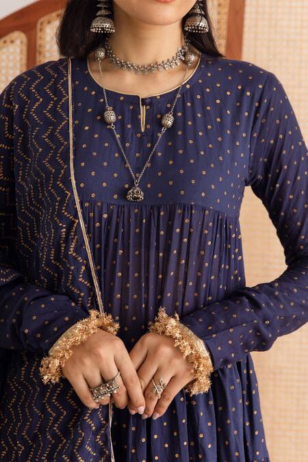 Maison Shefali_Blue Kurta And Pant Cotton Printed Block Round Tiered Set _Online_at_Aza_Fashions