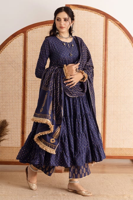 Buy_Maison Shefali_Blue Kurta And Pant Cotton Printed Block Round Tiered Set _Online_at_Aza_Fashions