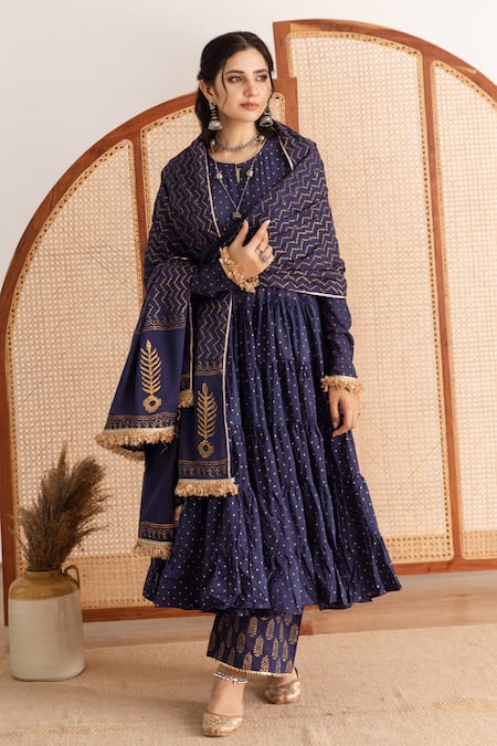 Shop_Maison Shefali_Blue Kurta And Pant Cotton Printed Block Round Tiered Set _Online_at_Aza_Fashions