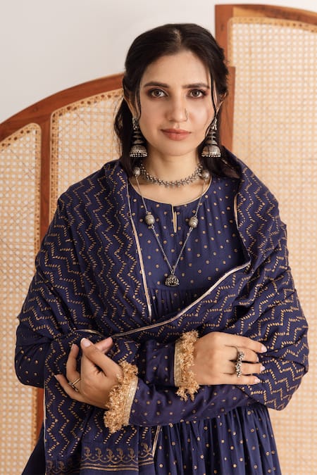 Maison Shefali_Blue Kurta And Pant Cotton Printed Block Round Tiered Set _at_Aza_Fashions