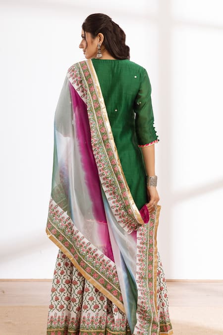 Shop Maison Shefali Green Chanderi, Cotton, Chiffon Zari, Embroidery Round Neck Kurta Sharara Set at Aza Fashions Shop_Maison Shefali_Green Chanderi, Cotton, Chiffon Zari, Embroidery Round Neck Kurta Sharara Set _at_Aza_Fashions