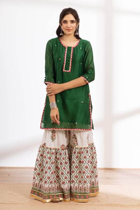 Maison Shefali Green Chanderi, Cotton, Chiffon Zari, Embroidery Round Neck Kurta Sharara Set Online at Aza Fashions Maison Shefali_Green Chanderi, Cotton, Chiffon Zari, Embroidery Round Neck Kurta Sharara Set _Online_at_Aza_Fashions