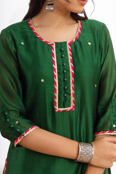 Buy Maison Shefali Green Chanderi, Cotton, Chiffon Zari, Embroidery Round Neck Kurta Sharara Set Online at Aza Fashions Buy_Maison Shefali_Green Chanderi, Cotton, Chiffon Zari, Embroidery Round Neck Kurta Sharara Set _Online_at_Aza_Fashions