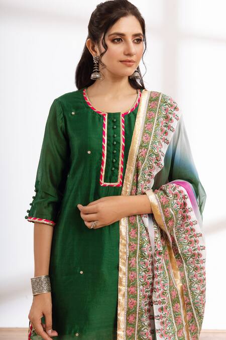 Shop Maison Shefali Green Chanderi, Cotton, Chiffon Zari, Embroidery Round Neck Kurta Sharara Set Online at Aza Fashions Shop_Maison Shefali_Green Chanderi, Cotton, Chiffon Zari, Embroidery Round Neck Kurta Sharara Set _Online_at_Aza_Fashions