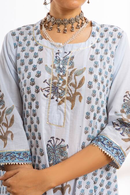 Buy Maison Shefali Blue Kurta And Pant Cotton Printed Block Round Hand Anarkali Set Online at Aza Fashions Buy_Maison Shefali_Blue Kurta And Pant Cotton Printed Block Round Hand Anarkali Set_Online_at_Aza_Fashions