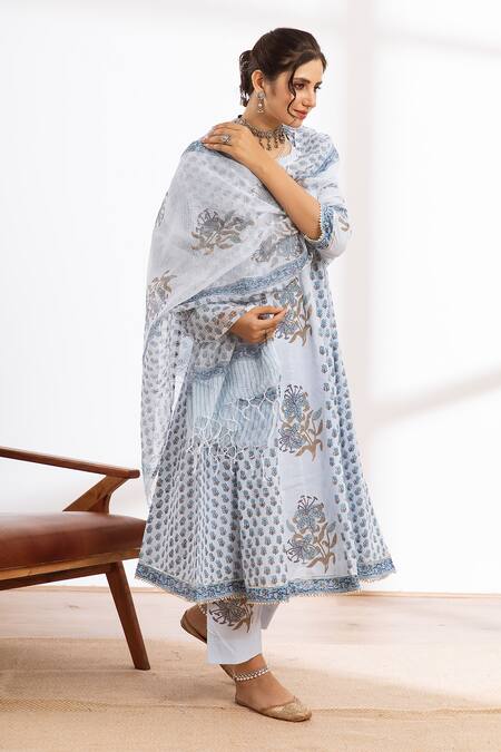 Shop Maison Shefali Blue Kurta And Pant Cotton Printed Block Round Hand Anarkali Set Online at Aza Fashions Shop_Maison Shefali_Blue Kurta And Pant Cotton Printed Block Round Hand Anarkali Set_Online_at_Aza_Fashions