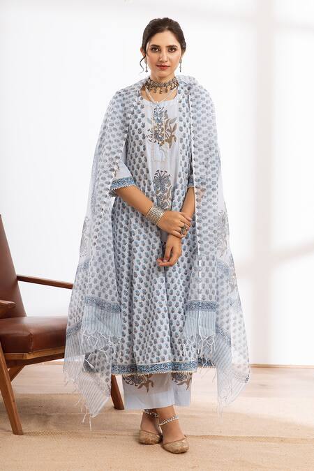 Maison Shefali Blue Kurta And Pant Cotton Printed Block Round Hand Anarkali Set at Aza Fashions Maison Shefali_Blue Kurta And Pant Cotton Printed Block Round Hand Anarkali Set_at_Aza_Fashions