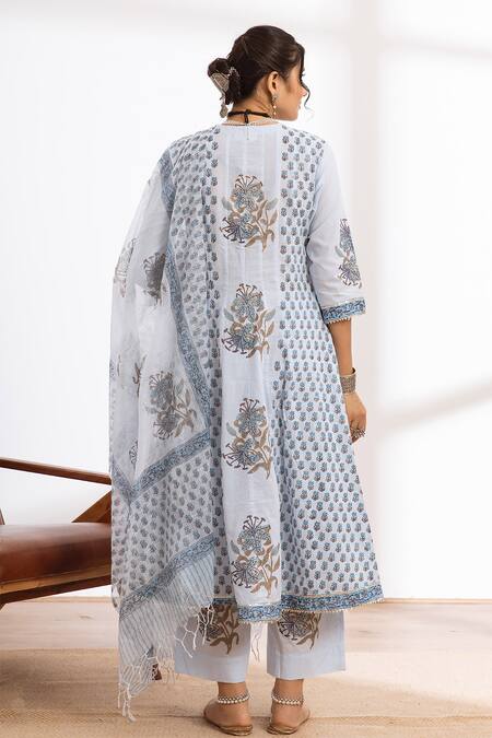 Shop Maison Shefali Blue Kurta And Pant Cotton Printed Block Round Hand Anarkali Set at Aza Fashions Shop_Maison Shefali_Blue Kurta And Pant Cotton Printed Block Round Hand Anarkali Set_at_Aza_Fashions