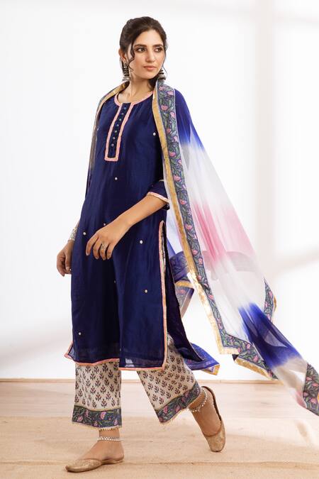 Maison Shefali Blue Kurta Chanderi Printed Block Round Zari Embroidered Pant Set Online at Aza Fashions Maison Shefali_Blue Kurta Chanderi Printed Block Round Zari Embroidered Pant Set_Online_at_Aza_Fashions