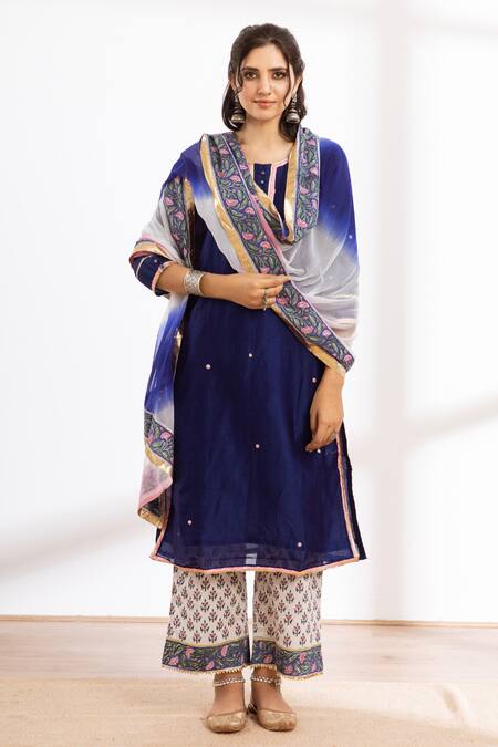 Buy Maison Shefali Blue Kurta Chanderi Printed Block Round Zari Embroidered Pant Set Online at Aza Fashions Buy_Maison Shefali_Blue Kurta Chanderi Printed Block Round Zari Embroidered Pant Set_Online_at_Aza_Fashions
