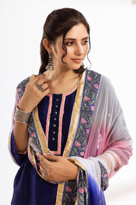 Maison Shefali Blue Kurta Chanderi Printed Block Round Zari Embroidered Pant Set at Aza Fashions Maison Shefali_Blue Kurta Chanderi Printed Block Round Zari Embroidered Pant Set_at_Aza_Fashions