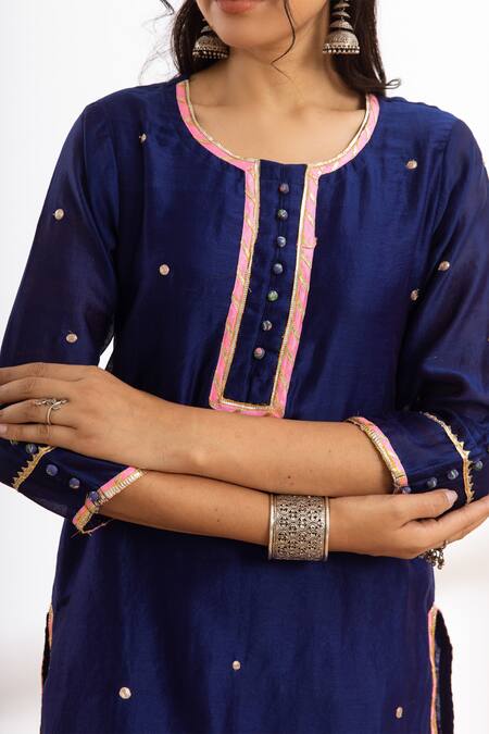 Buy Maison Shefali Blue Kurta Chanderi Printed Block Round Zari Embroidered Pant Set Buy_Maison Shefali_Blue Kurta Chanderi Printed Block Round Zari Embroidered Pant Set