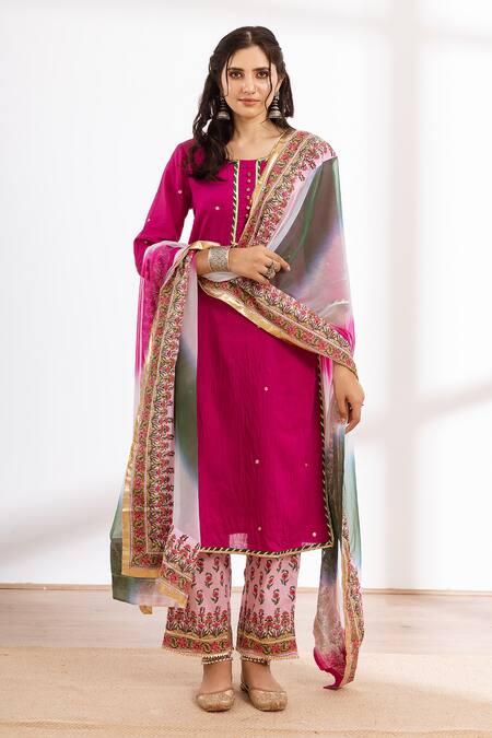 Maison Shefali_Pink Chanderi, Cotton, Chiffon Zari, Embroidery Round Neck Kurta Pant Set_Online_at_Aza_Fashions