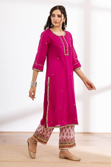 Buy_Maison Shefali_Pink Chanderi, Cotton, Chiffon Zari, Embroidery Round Neck Kurta Pant Set_Online_at_Aza_Fashions