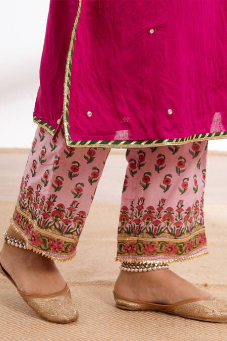 Maison Shefali_Pink Chanderi, Cotton, Chiffon Zari, Embroidery Round Neck Kurta Pant Set_at_Aza_Fashions