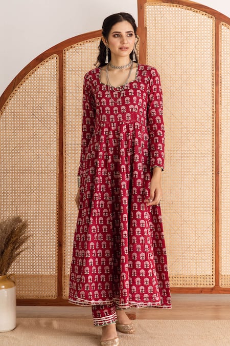 Maison Shefali_Red Cotton, Chanderi Gota Patti, Embroidery Polo Floral Print Anarkali Pant Set _Online_at_Aza_Fashions