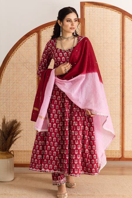 Buy_Maison Shefali_Red Cotton, Chanderi Gota Patti, Embroidery Polo Floral Print Anarkali Pant Set _Online_at_Aza_Fashions
