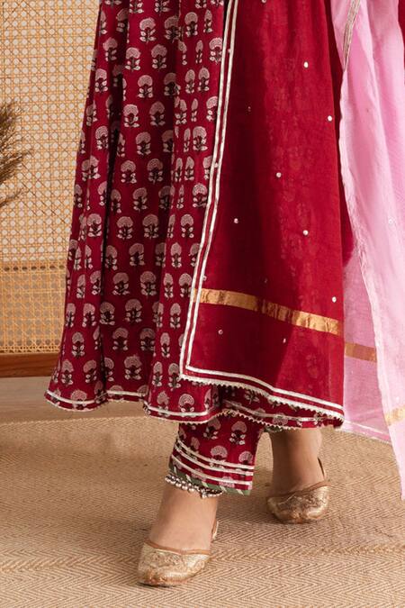 Shop_Maison Shefali_Red Cotton, Chanderi Gota Patti, Embroidery Polo Floral Print Anarkali Pant Set _Online_at_Aza_Fashions