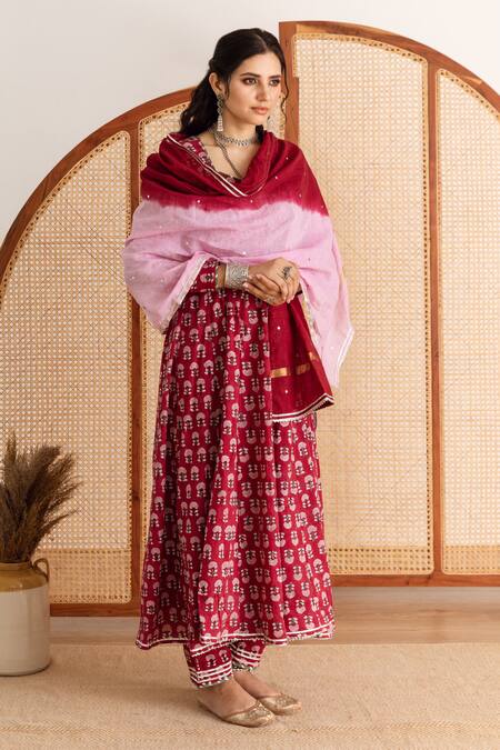 Maison Shefali_Red Cotton, Chanderi Gota Patti, Embroidery Polo Floral Print Anarkali Pant Set _at_Aza_Fashions