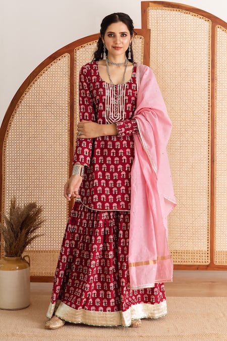 Regal Allure: Red Chinon Two Piece Sharara Suit with Unique Design – Jaksh