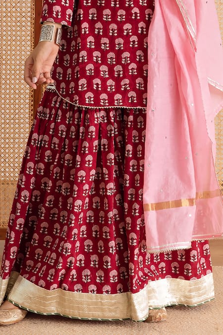 Maison Shefali_Red Cotton, Chanderi Round Neck Printed Kurta Sharara Set _Online_at_Aza_Fashions