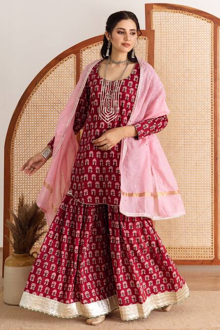 Shop_Maison Shefali_Red Cotton, Chanderi Round Neck Printed Kurta Sharara Set _Online_at_Aza_Fashions